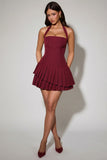 Asymmetric Layered Halterneck Mini Dress in Wine Red