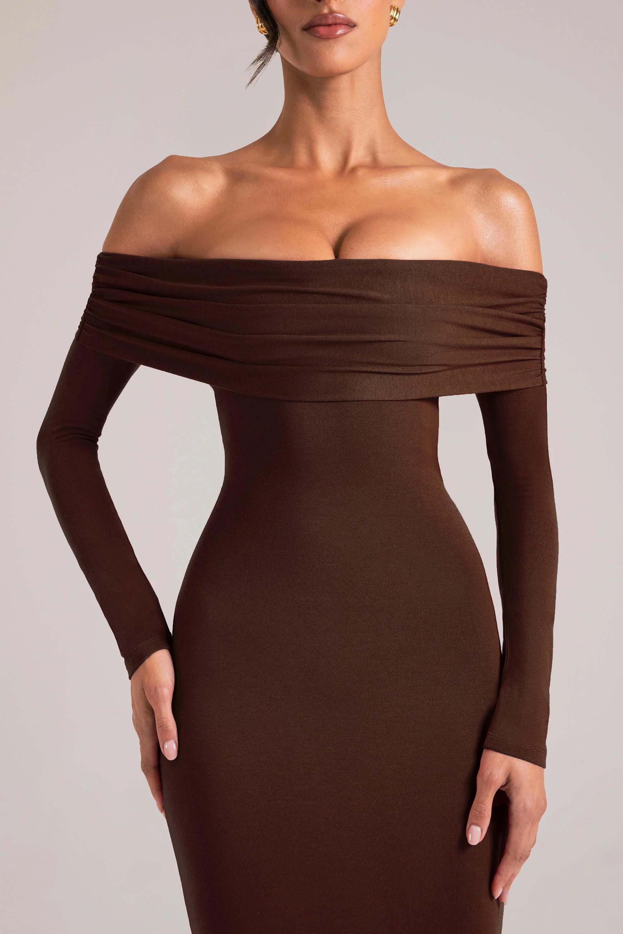 Off Shoulder Long Sleeve Maxi Dress in Chocolate Brown