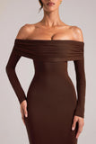 Off Shoulder Long Sleeve Maxi Dress in Chocolate Brown