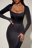 Cowl Neck Long Sleeve Midaxi Dress in Black
