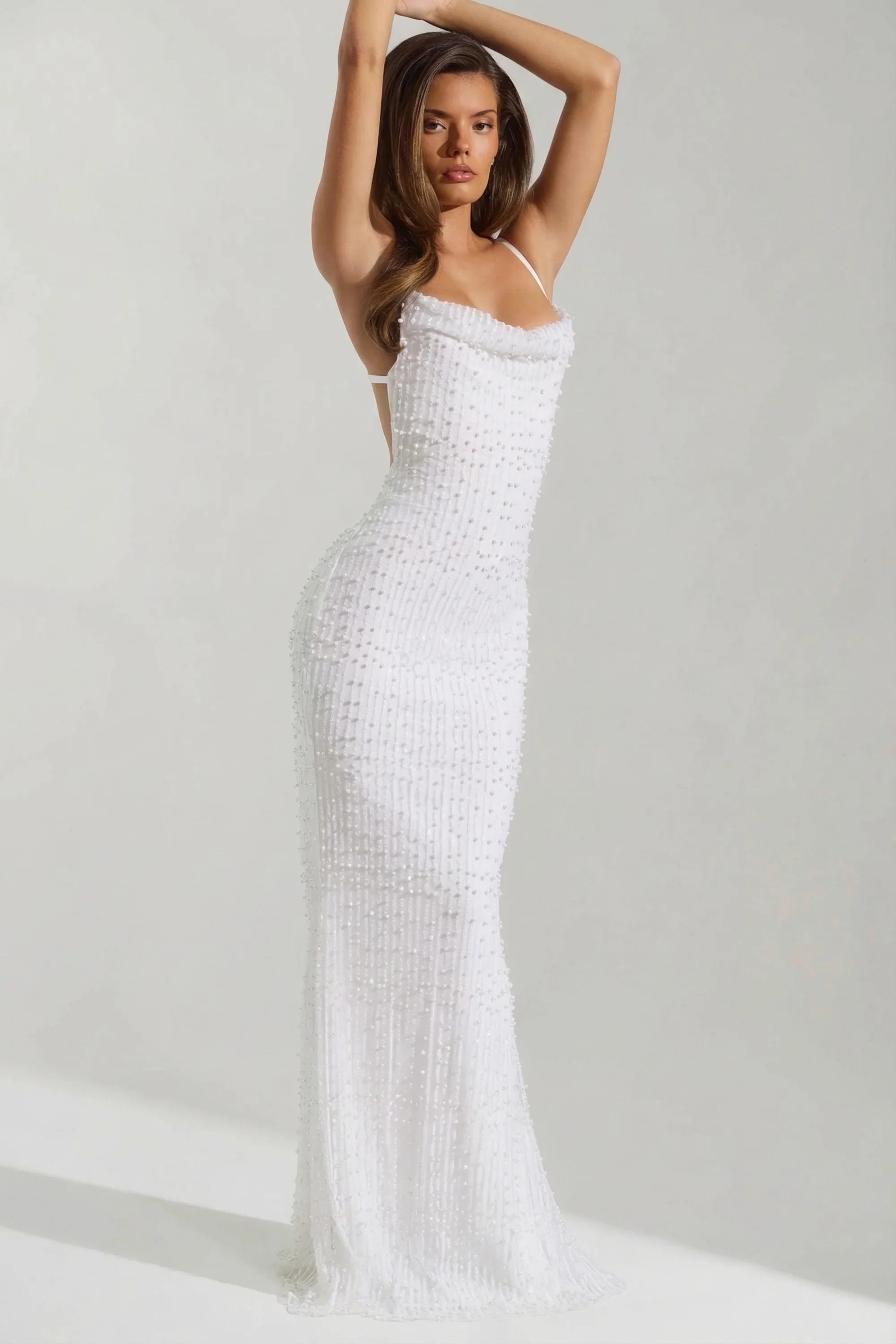 Embellished Cowl Neck Backless Maxi Dress in White