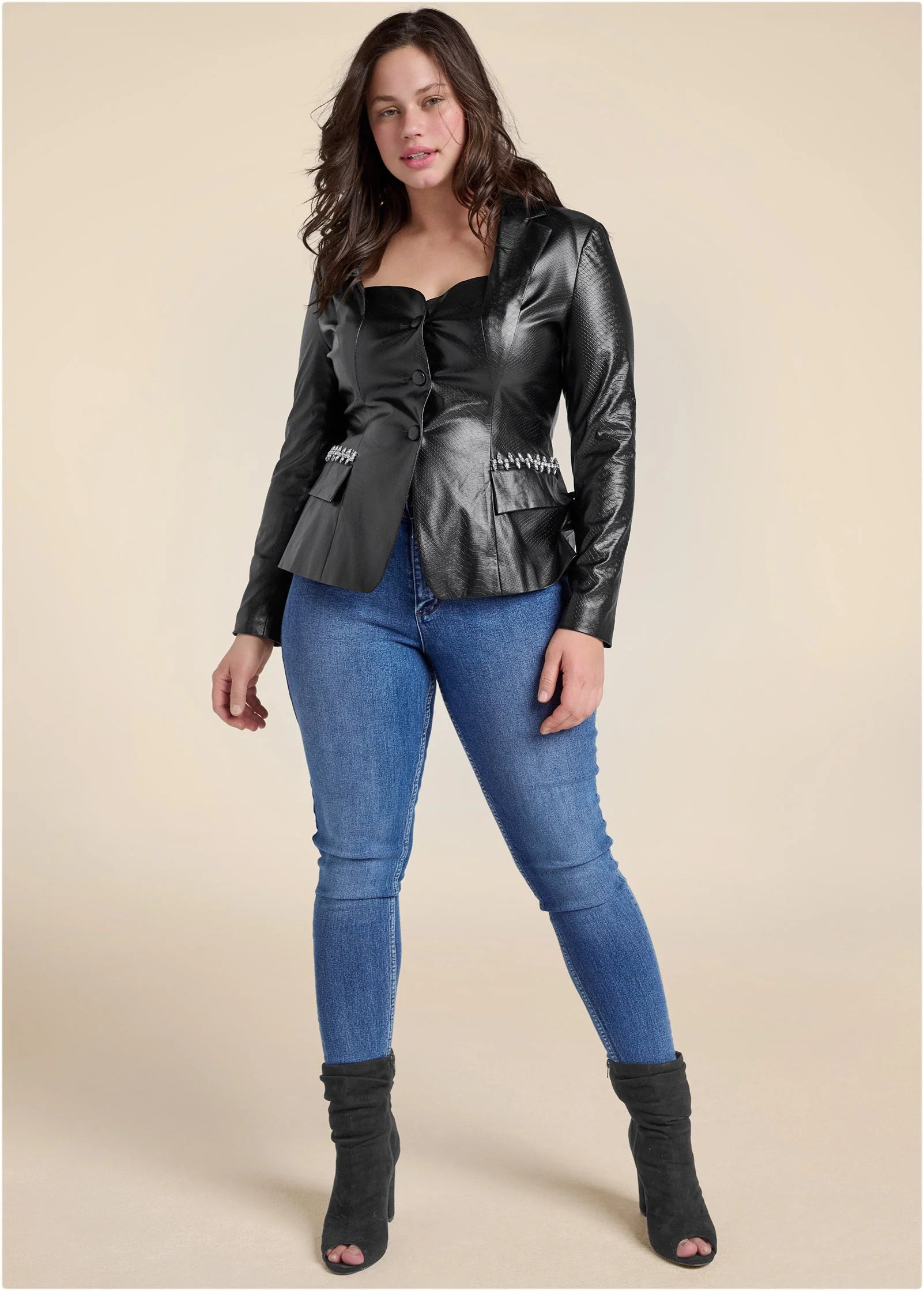 Snake Embossed Faux Leather Embellished Blazer Black