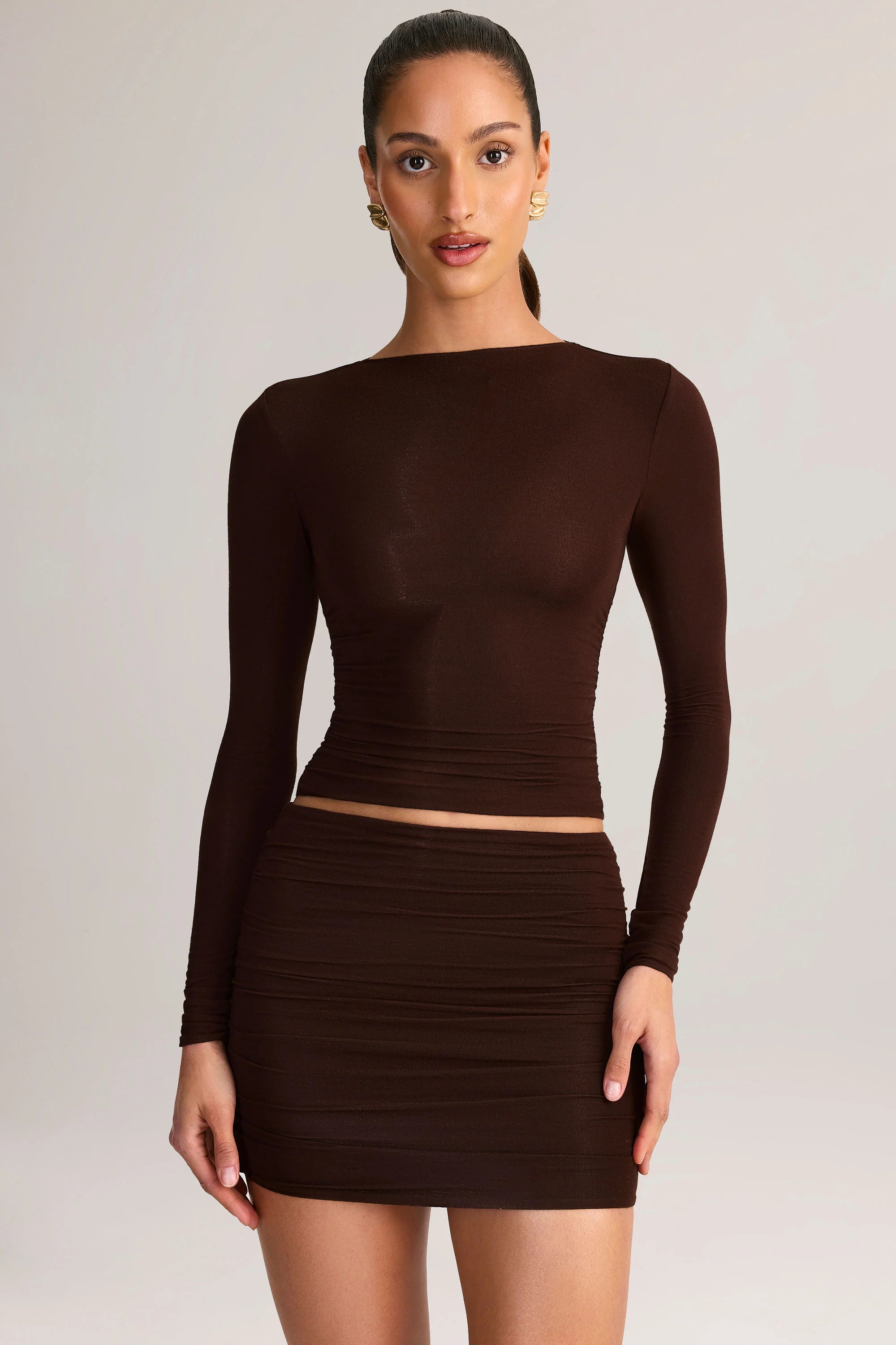 Modal Ruched Long Sleeve Top in Chocolate Brown