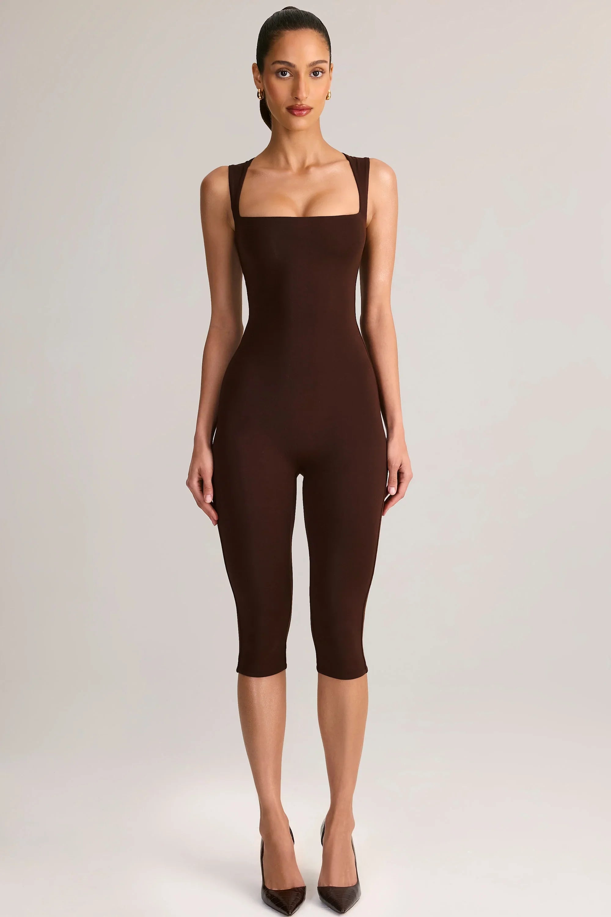 Modal Square Neck Bodycon Capri Jumpsuit in Chocolate Brown