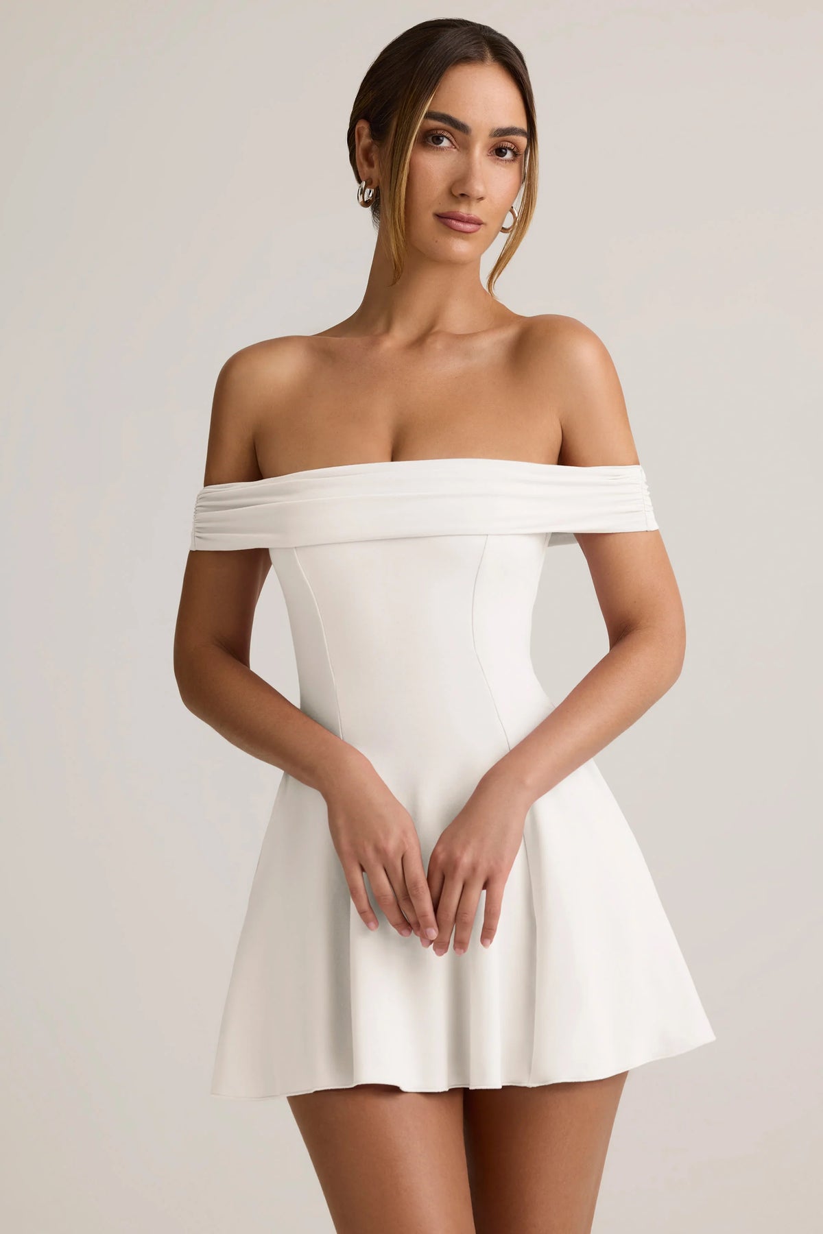 Modal Off Shoulder A Line Mini Dress in White