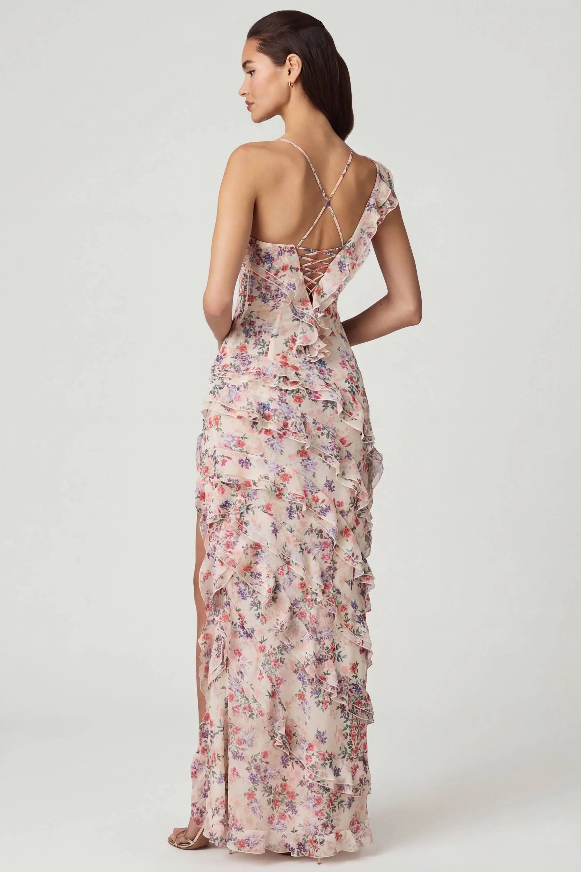 Asymmetric Ruffled Lace Up Gown in Primrose Floral Print