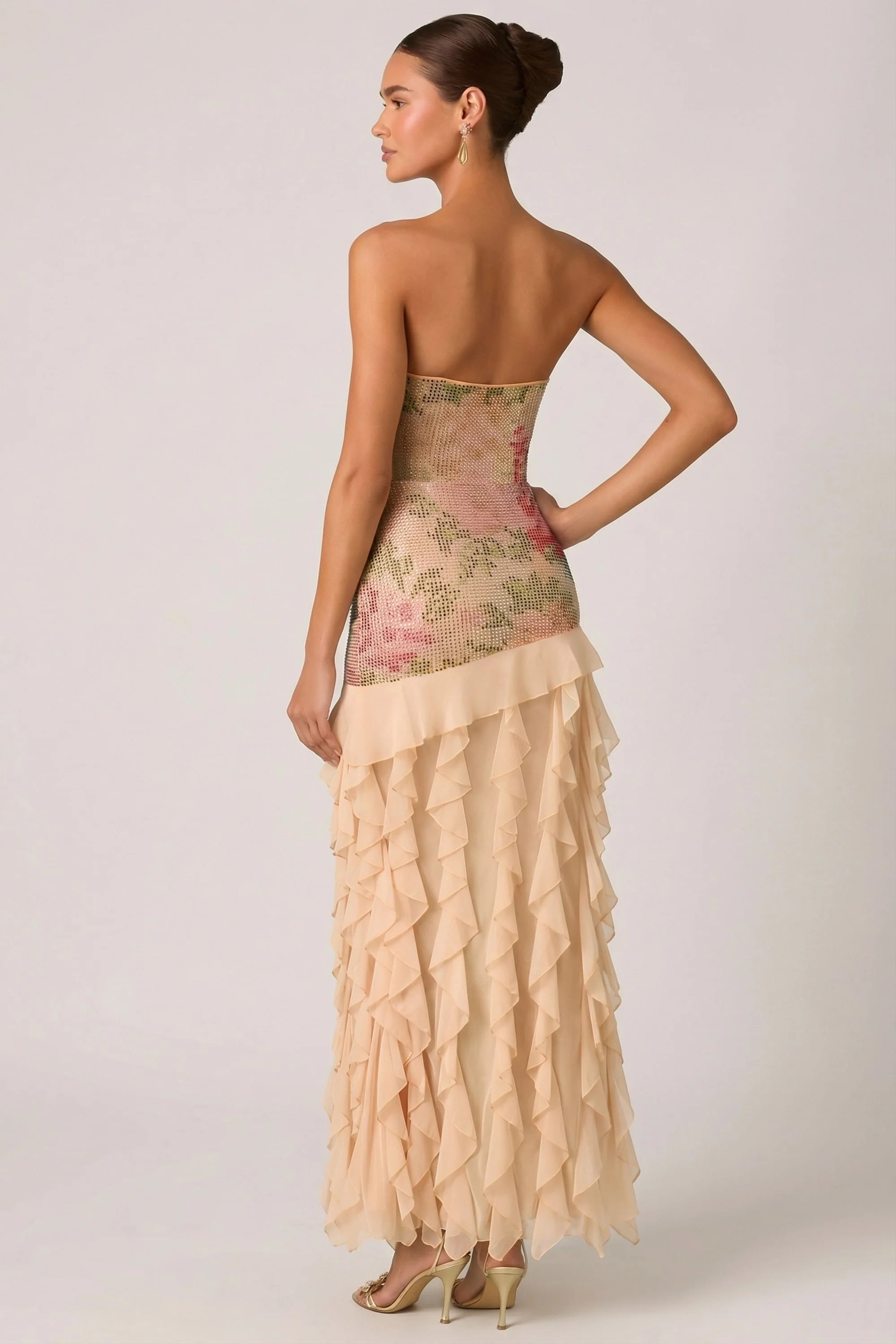 Embellished Ruffle Trim Strapless Gown in Rose Hotfix