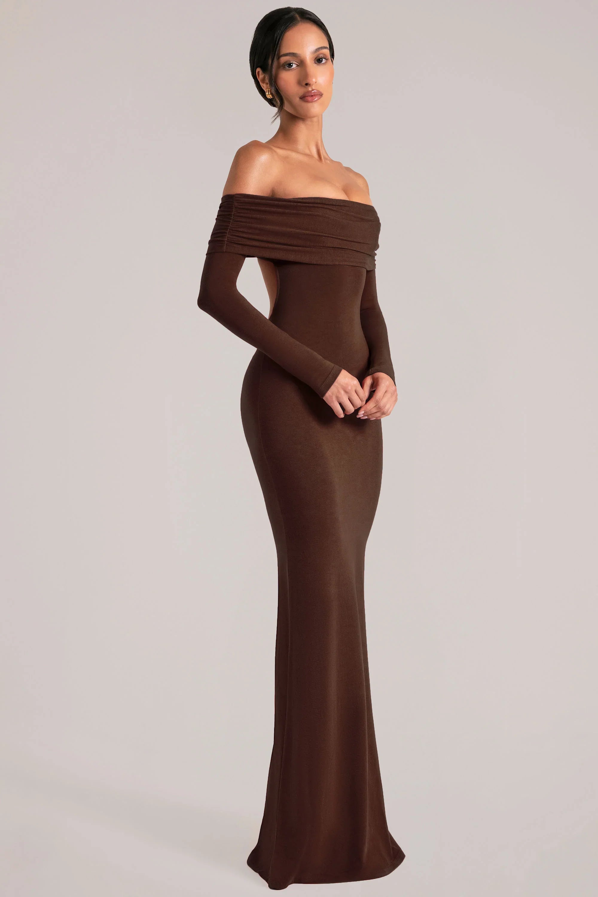 Off Shoulder Long Sleeve Maxi Dress in Chocolate Brown