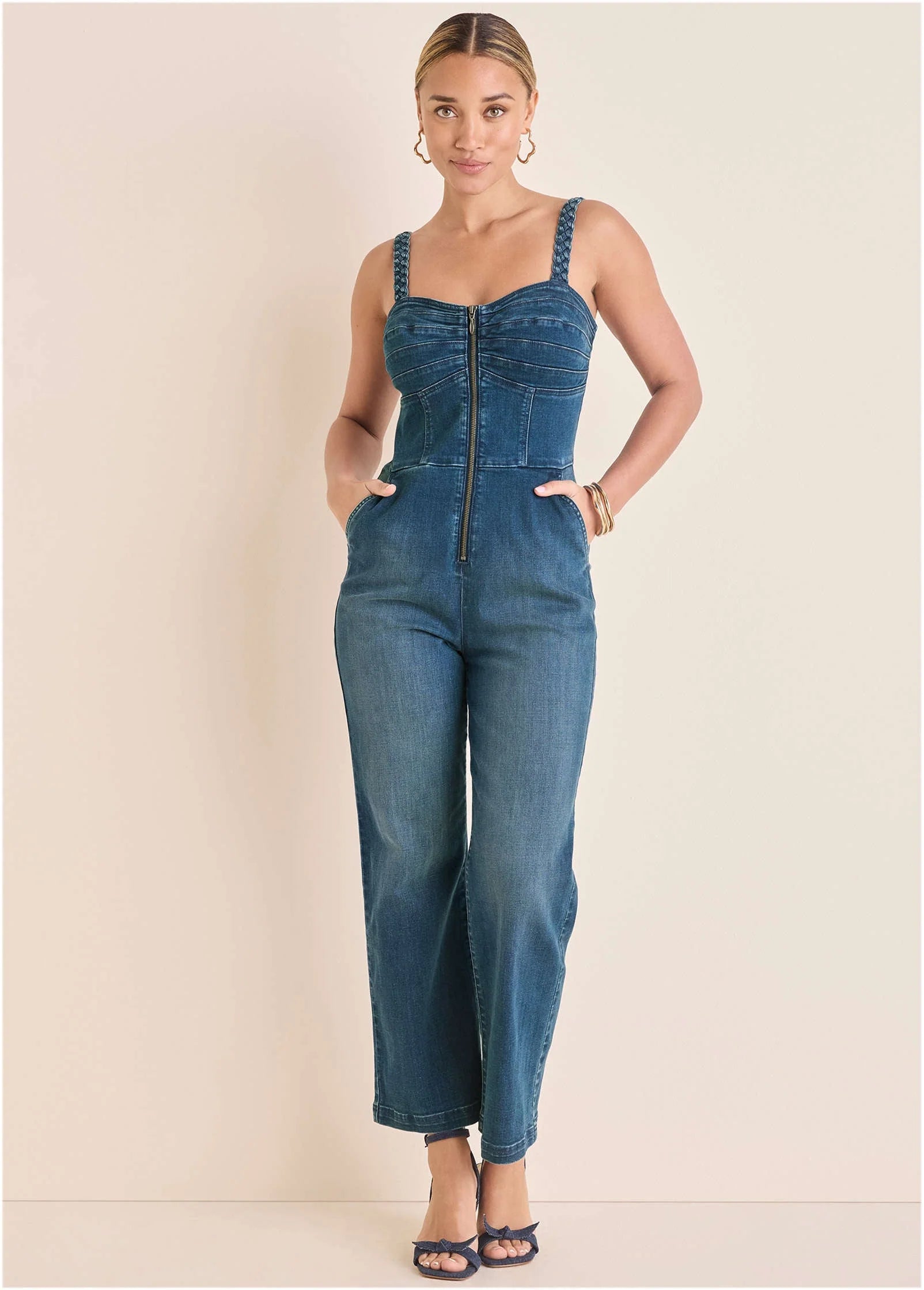 Braided Strap Denim Jumpsuit Medium Wash