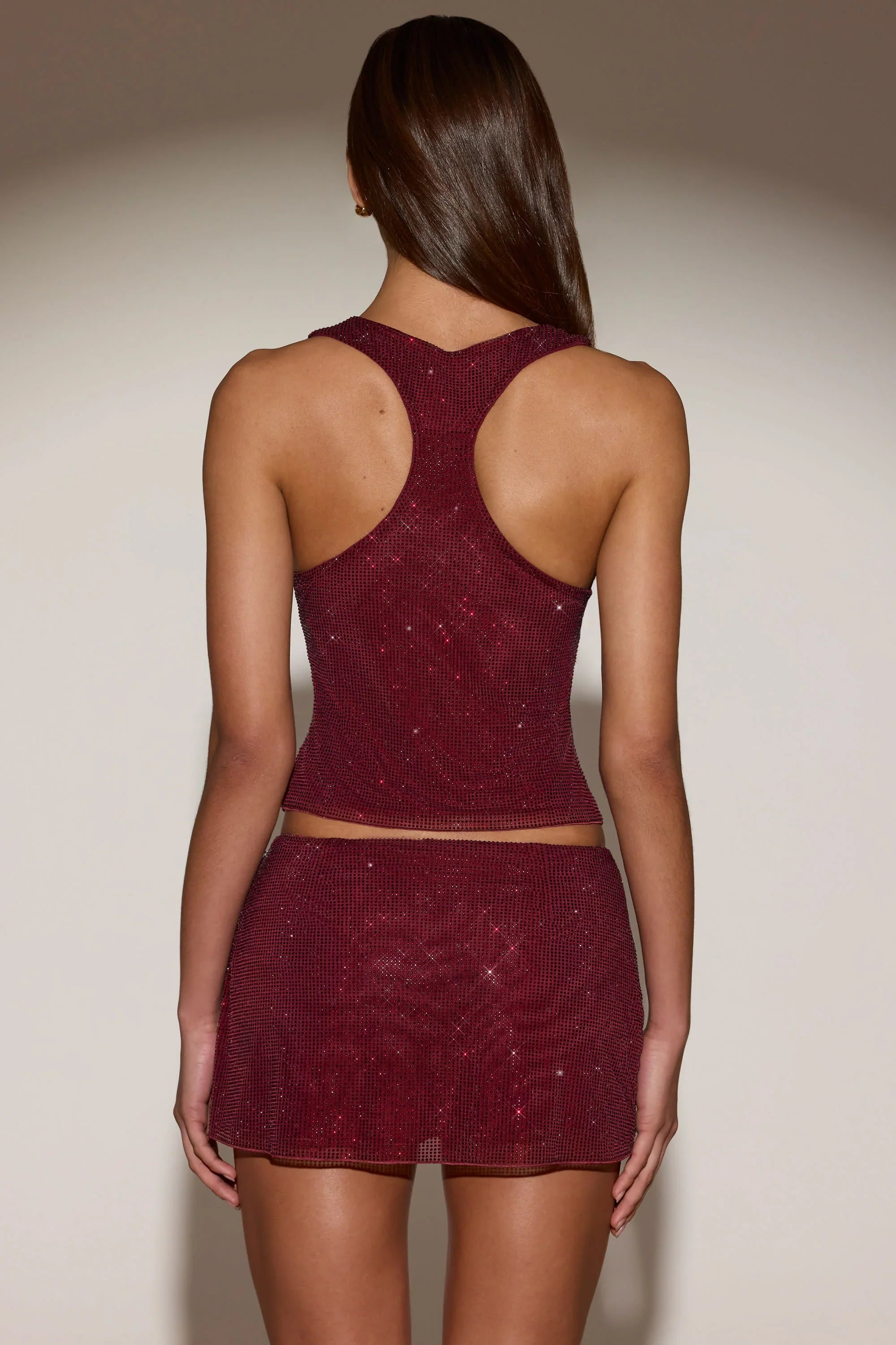 Embellished Mid Rise A Line Mini Skirt in Burgundy