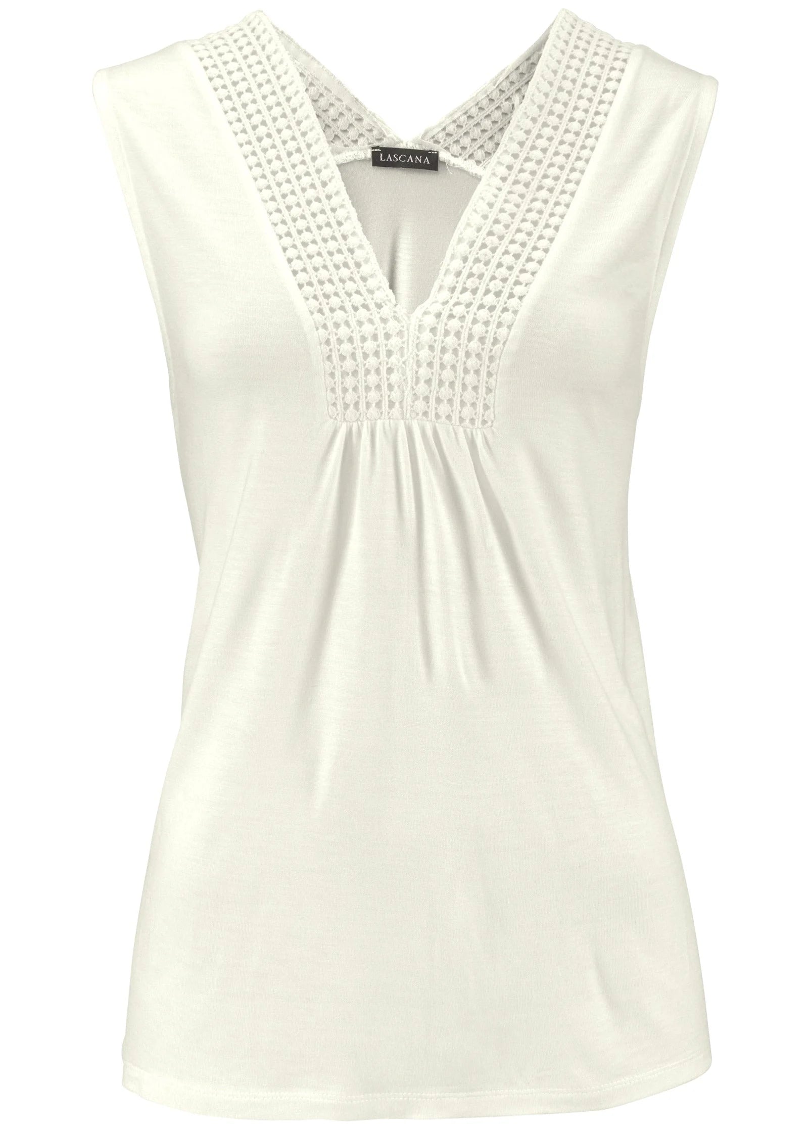 Crochet Inset V Neck Tank White