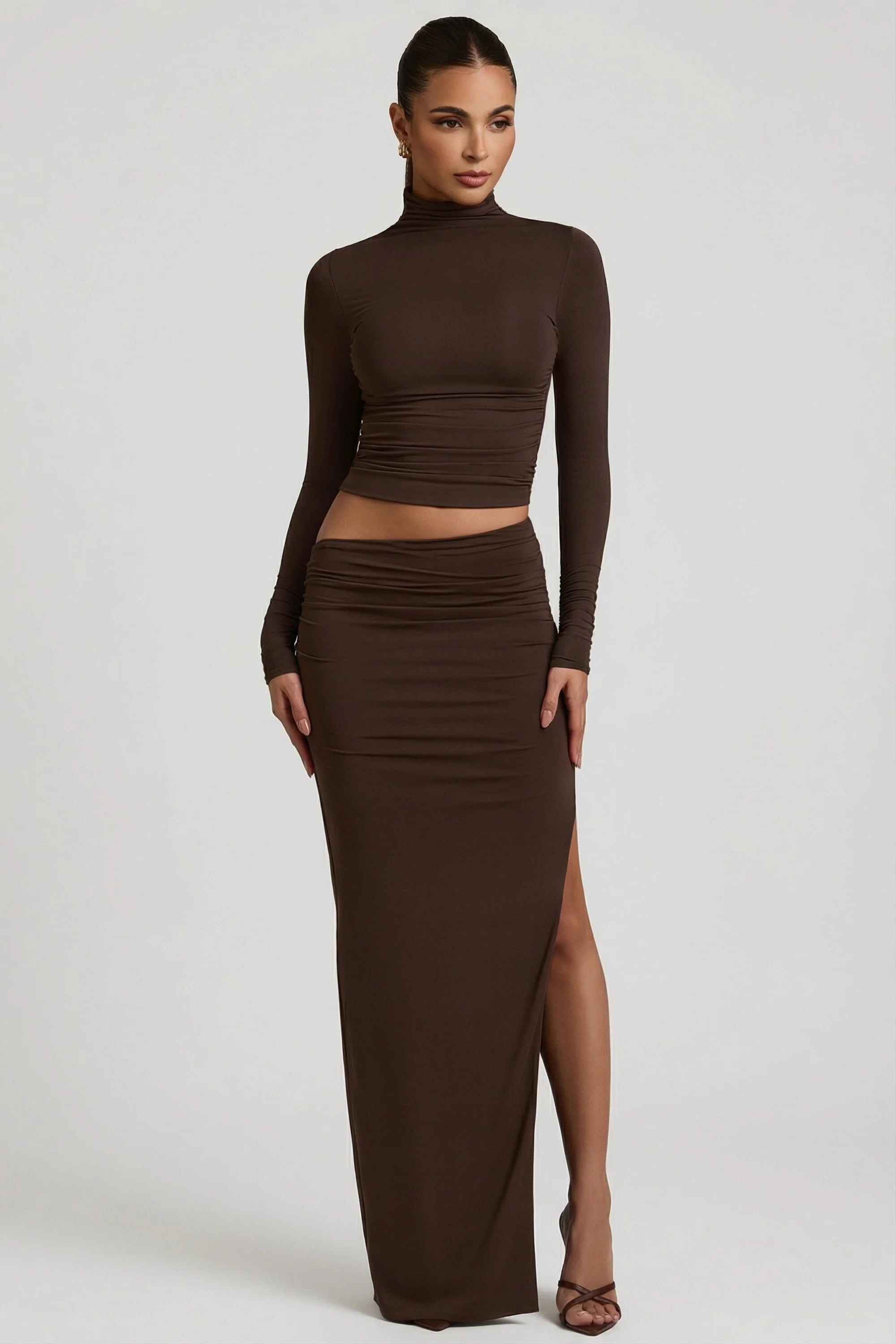 Modal Asymmetric Waist Maxi Skirt in Chocolate Brown