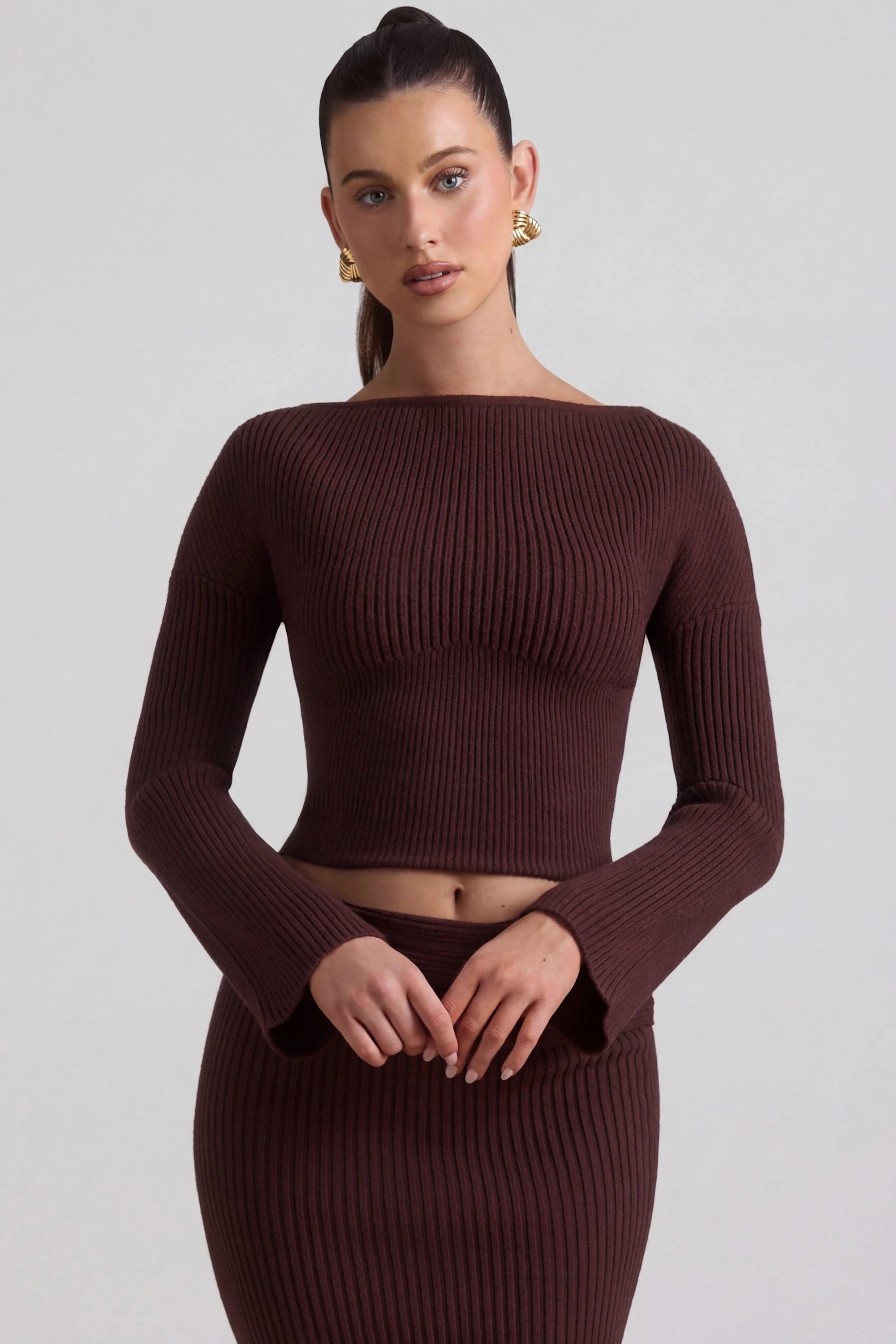 Ribbed Knit Slash Neck Top in Espresso