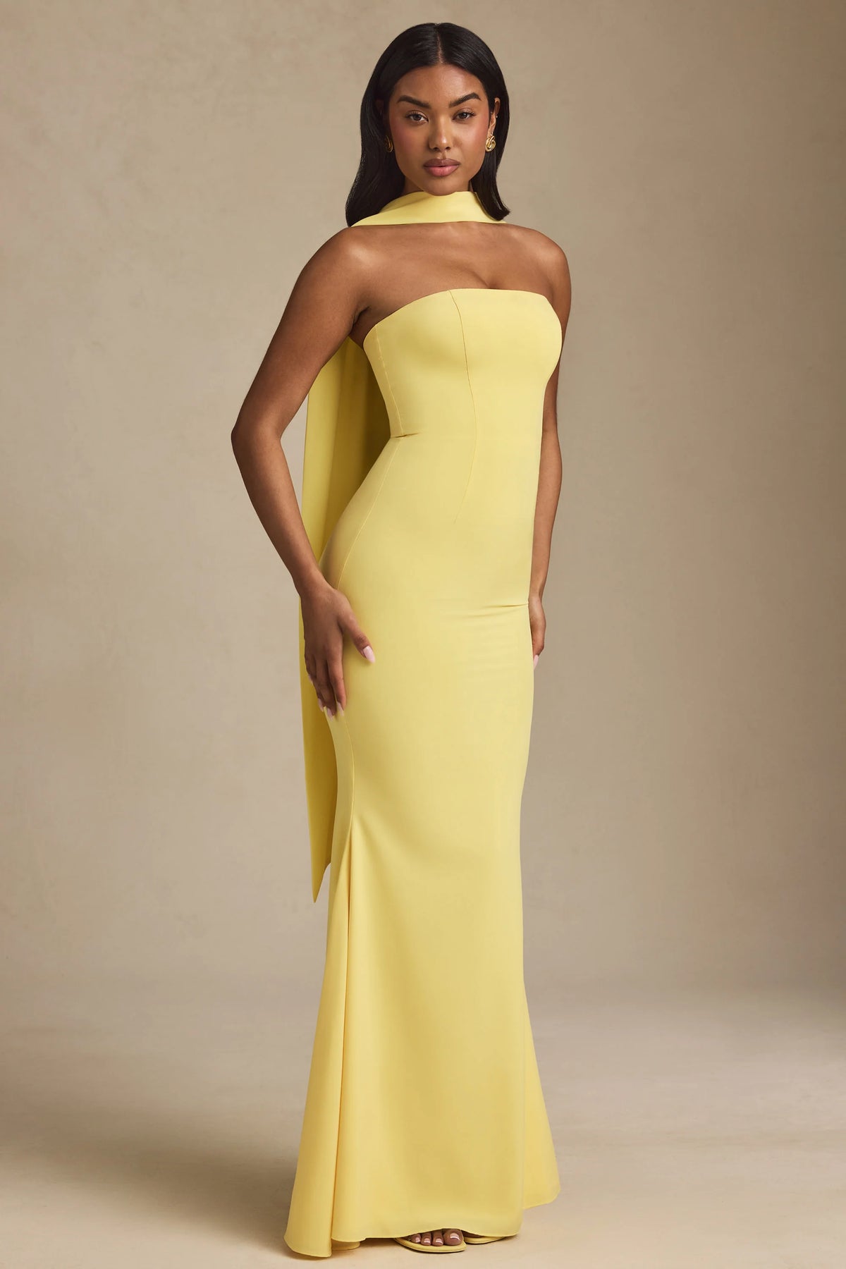 Scarf Detail Strapless Gown in Pastel Yellow