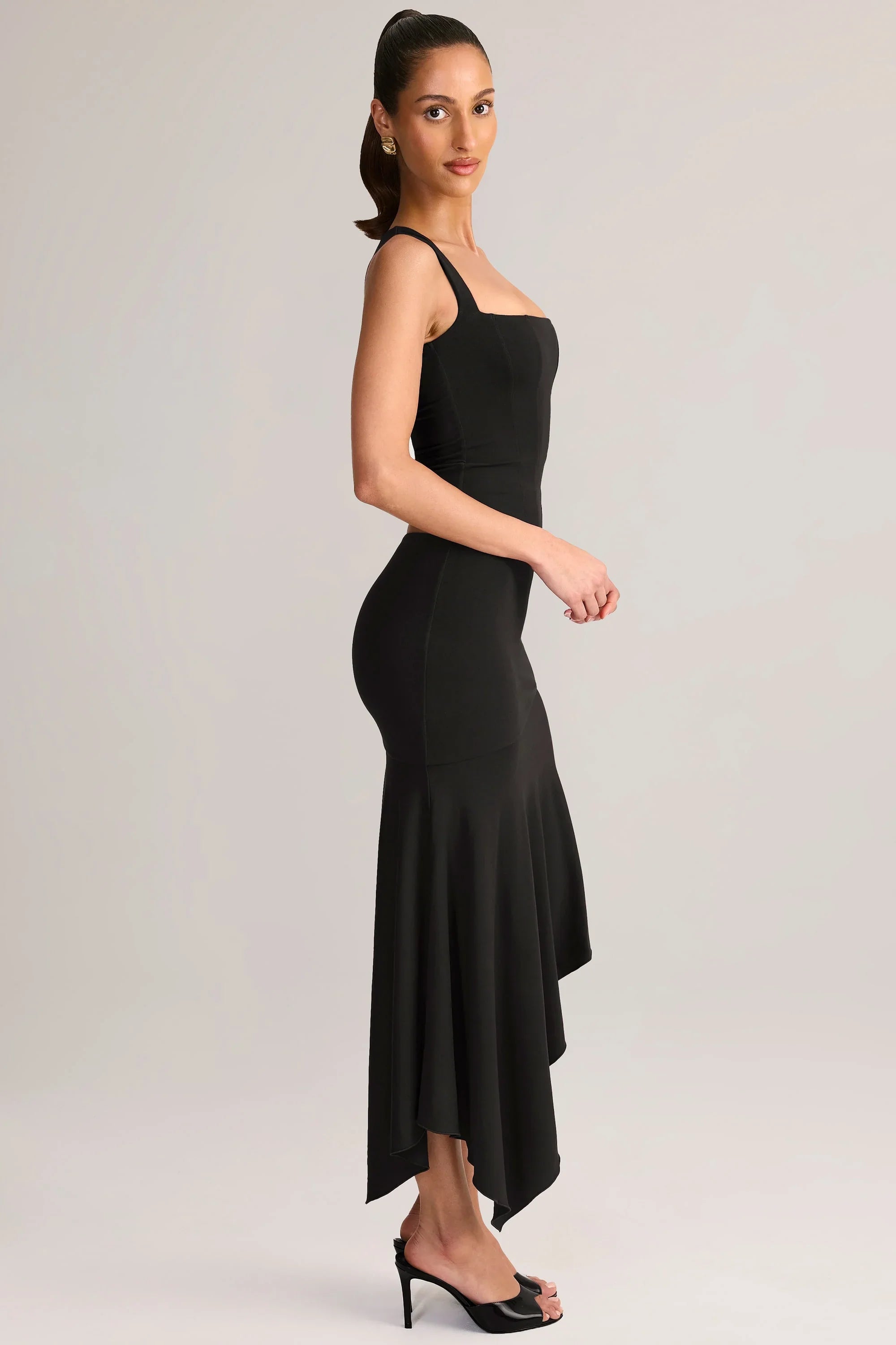 Modal Low Rise Asymmetric Midaxi Skirt in Black