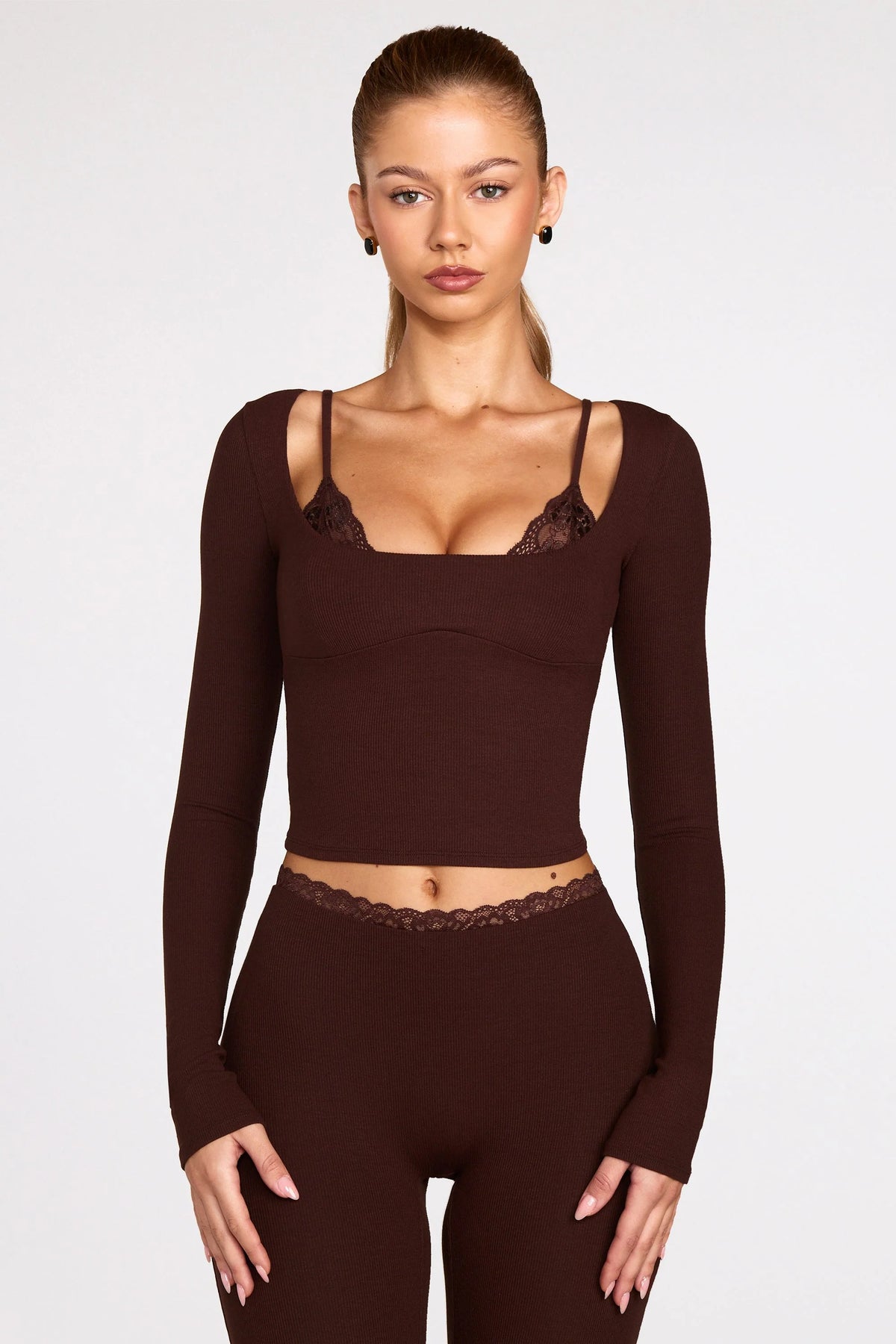 Ribbed Modal Long Sleeve Laced Bra Top in Chocolate Brown