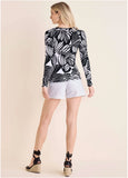 Asymmetric Neck Top Black Contrast Bold Leaves