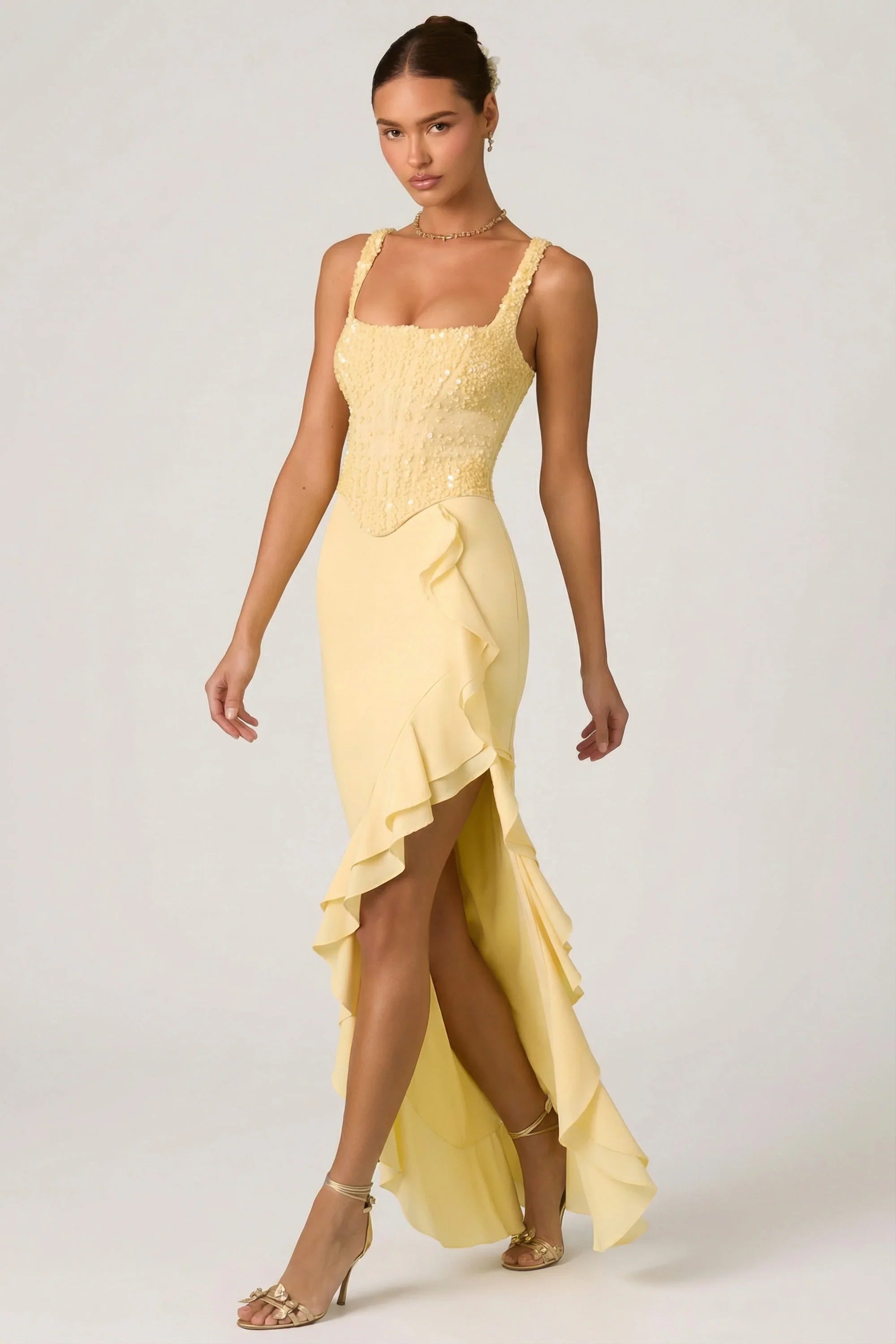 Embellished Ruffle Trim Corset Gown in Yellow