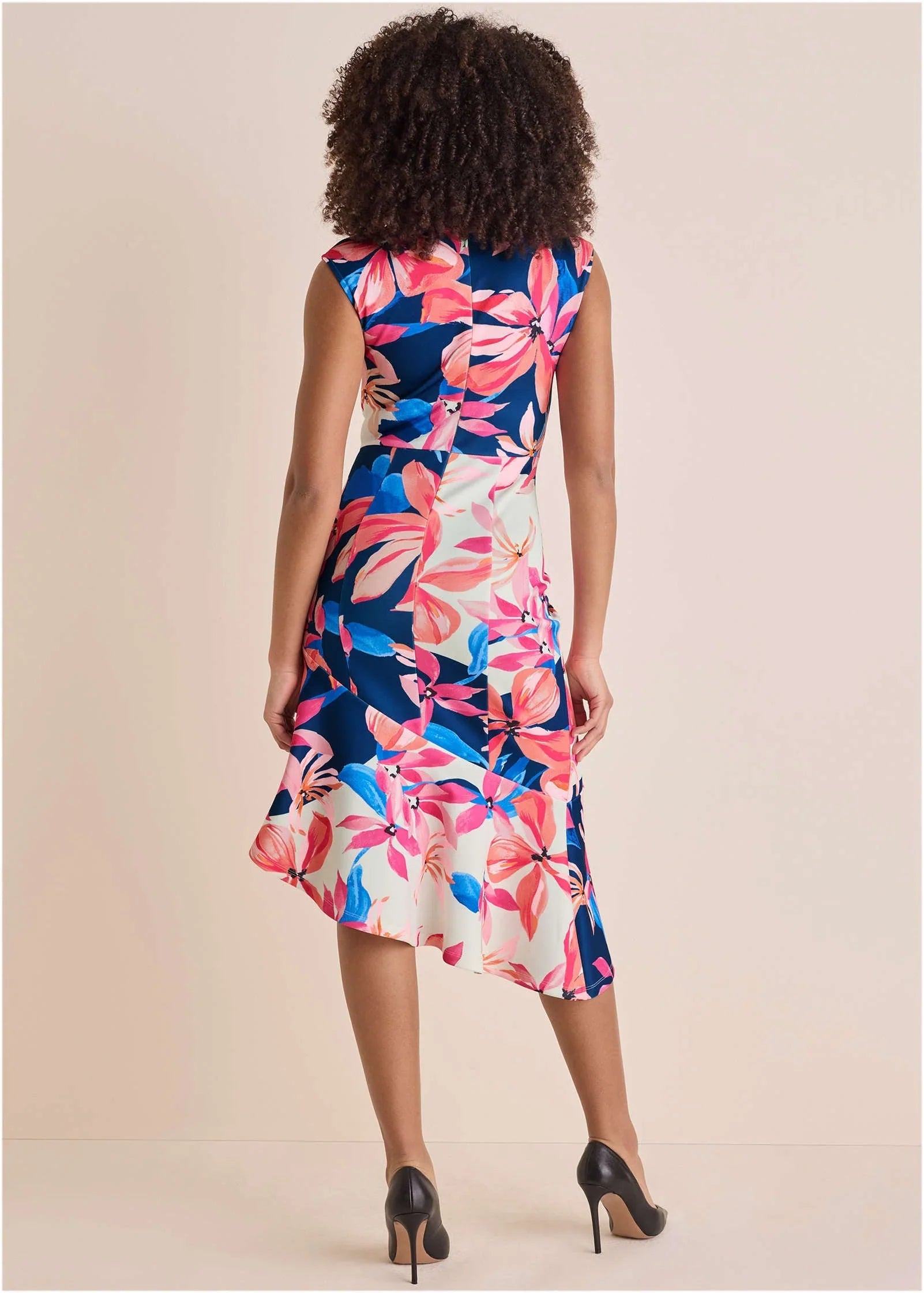 Ruffle Trim Scuba Dress Flower Wave