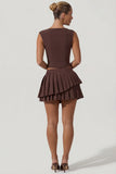 Layered Pleated Low Rise Mini Skirt in Chocolate Brown