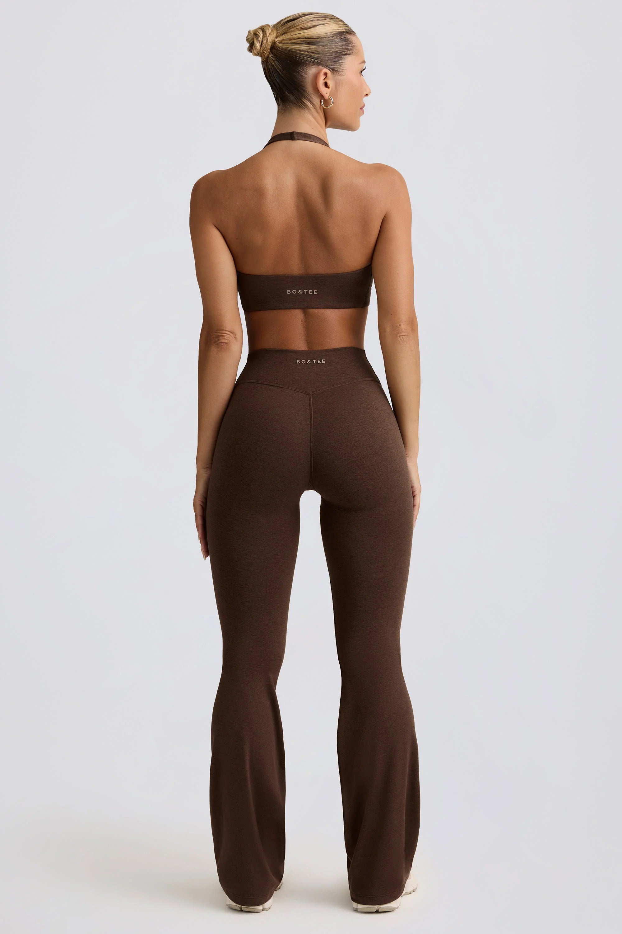 Brushed Jersey Ruched Flared Trousers in Pecan Marl