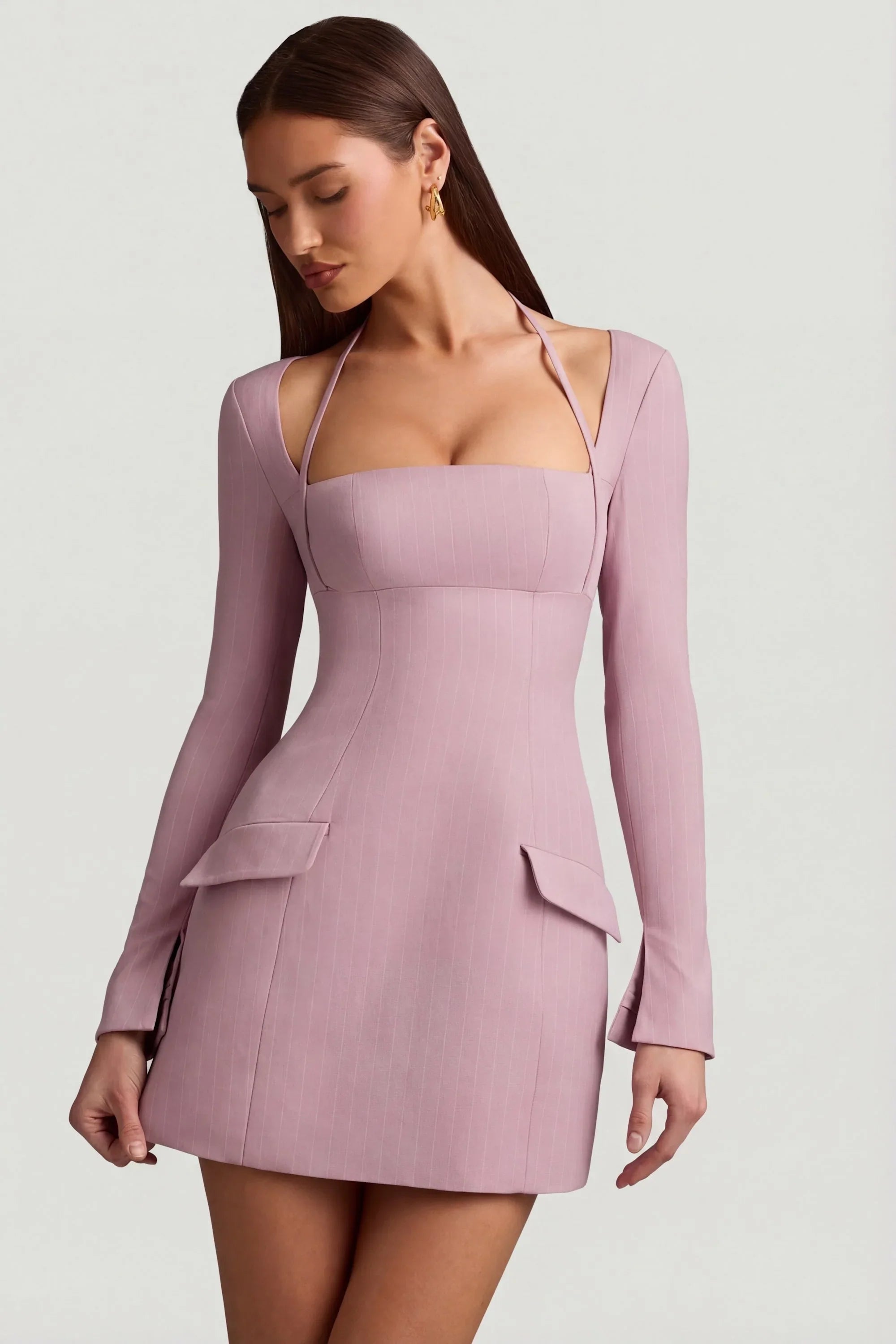 Pinstripe Structured A Line Mini Dress in Mauve