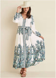 Tie Waist Linen Maxi Dress White Multi