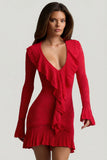 Ruffle Trim Pointelle Knit Mini Dress in Scarlet Red