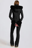 Waterproof Faux Fur Hood Fitted Ski Suit in Black