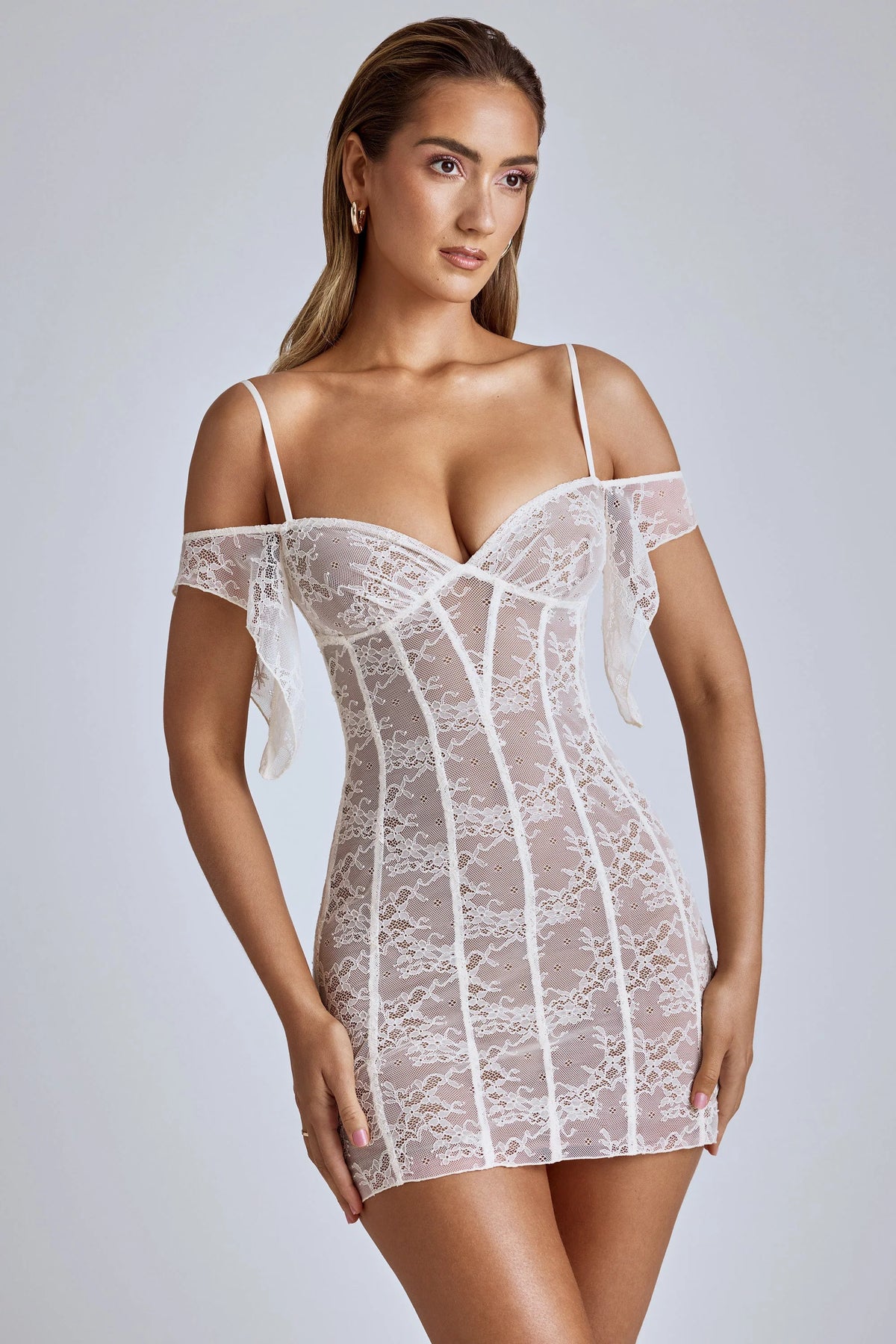 Sheer Lace A Line Mini Dress in Ivory