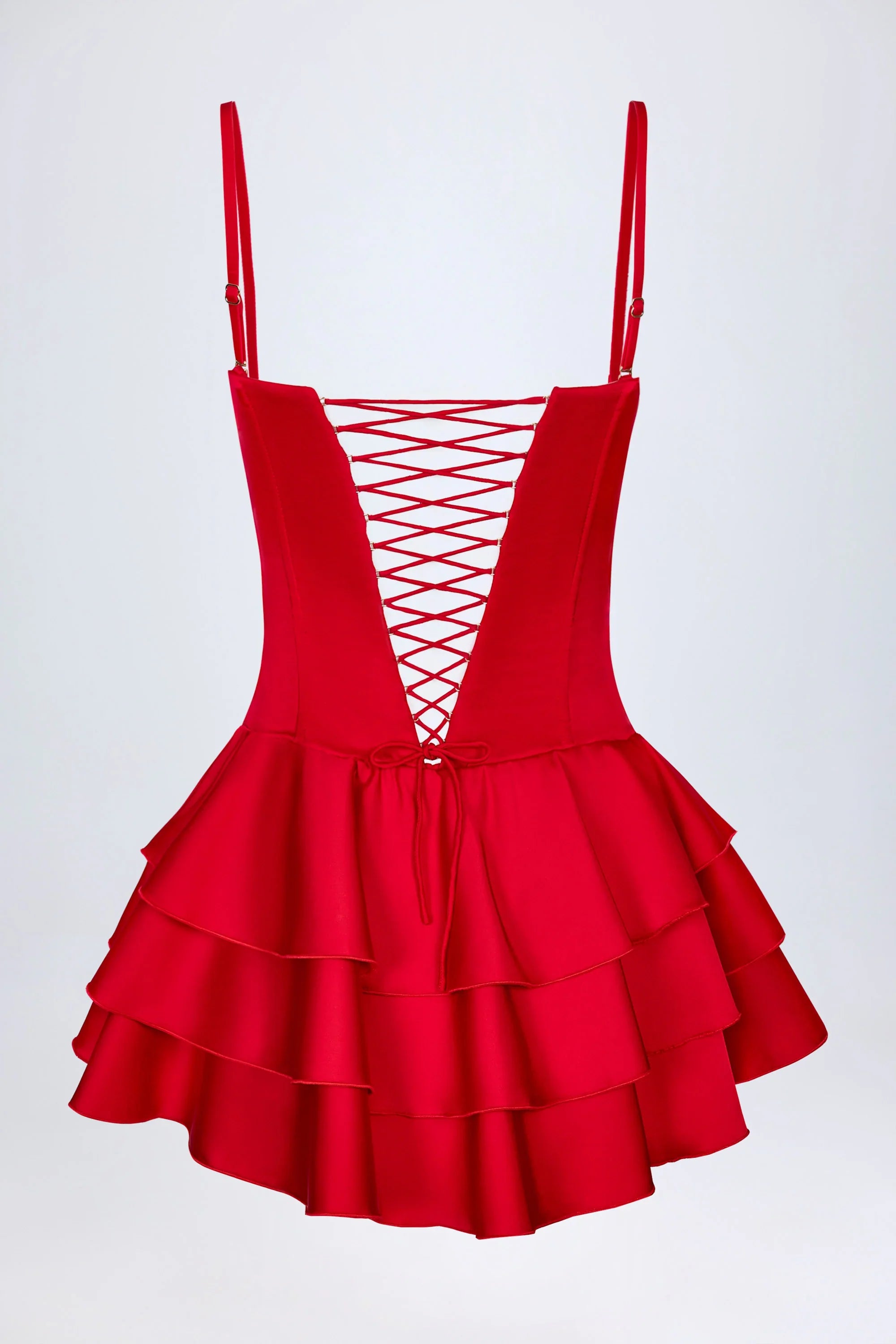 Ruffled Lace Up Corset Playsuit in Fire Red