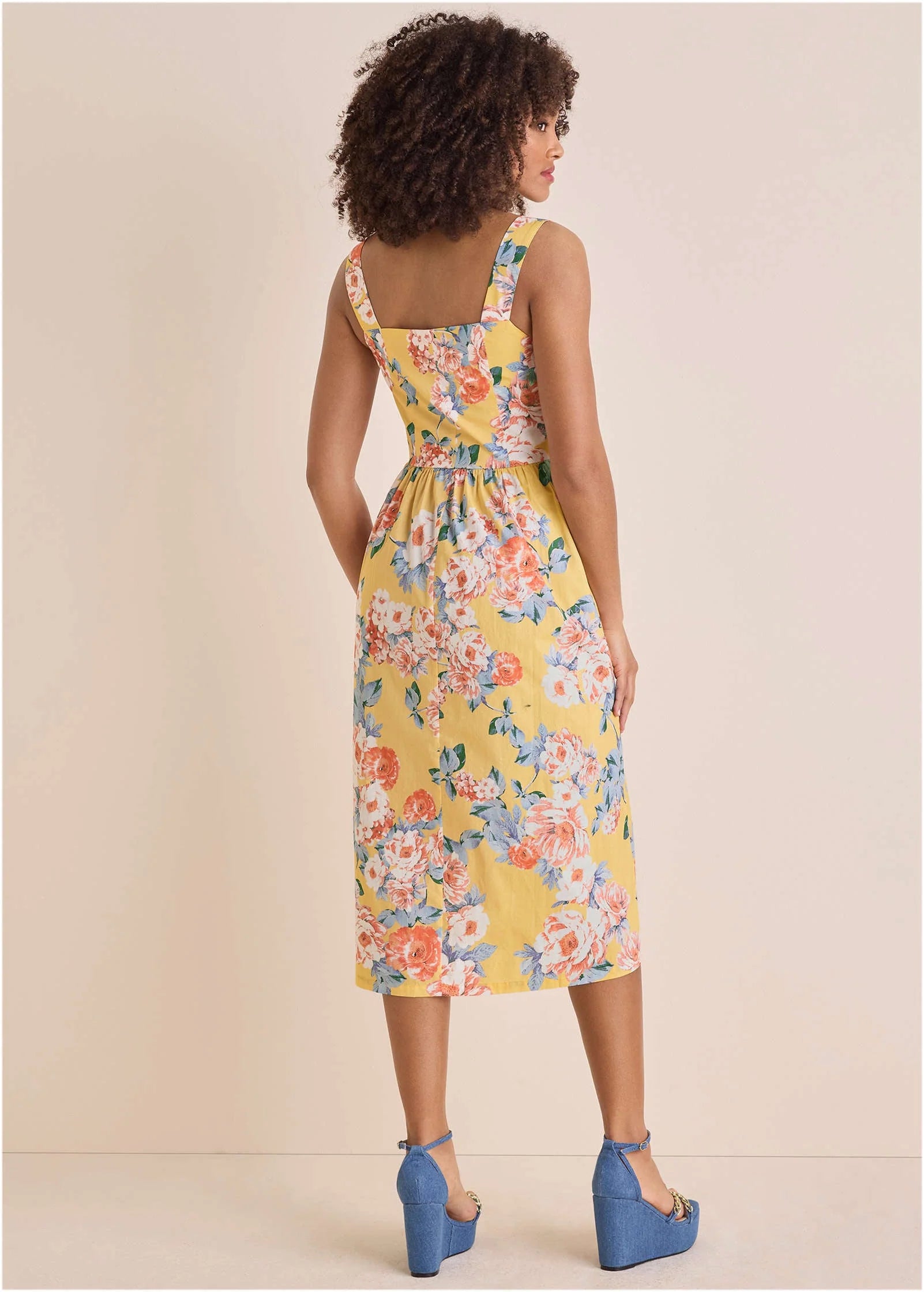 Floral Poplin Midi Dress Custard Roses