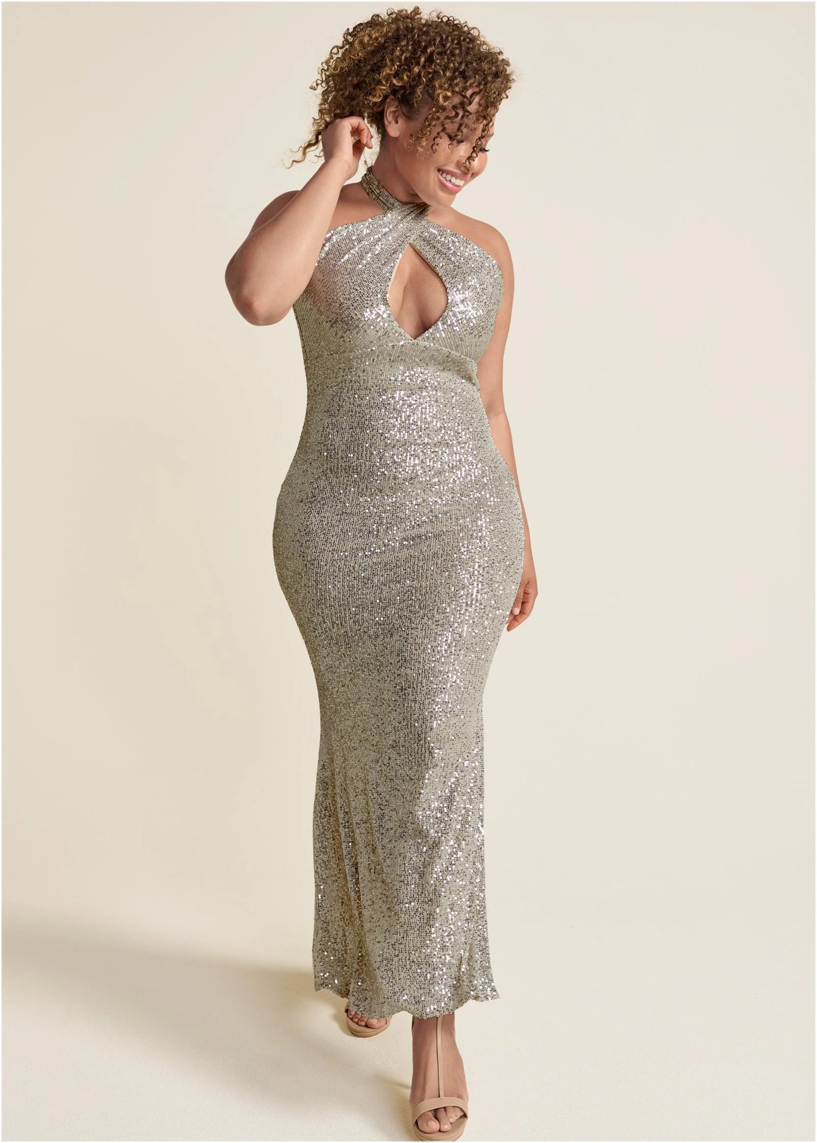 Sequin Keyhole Gown Champagne