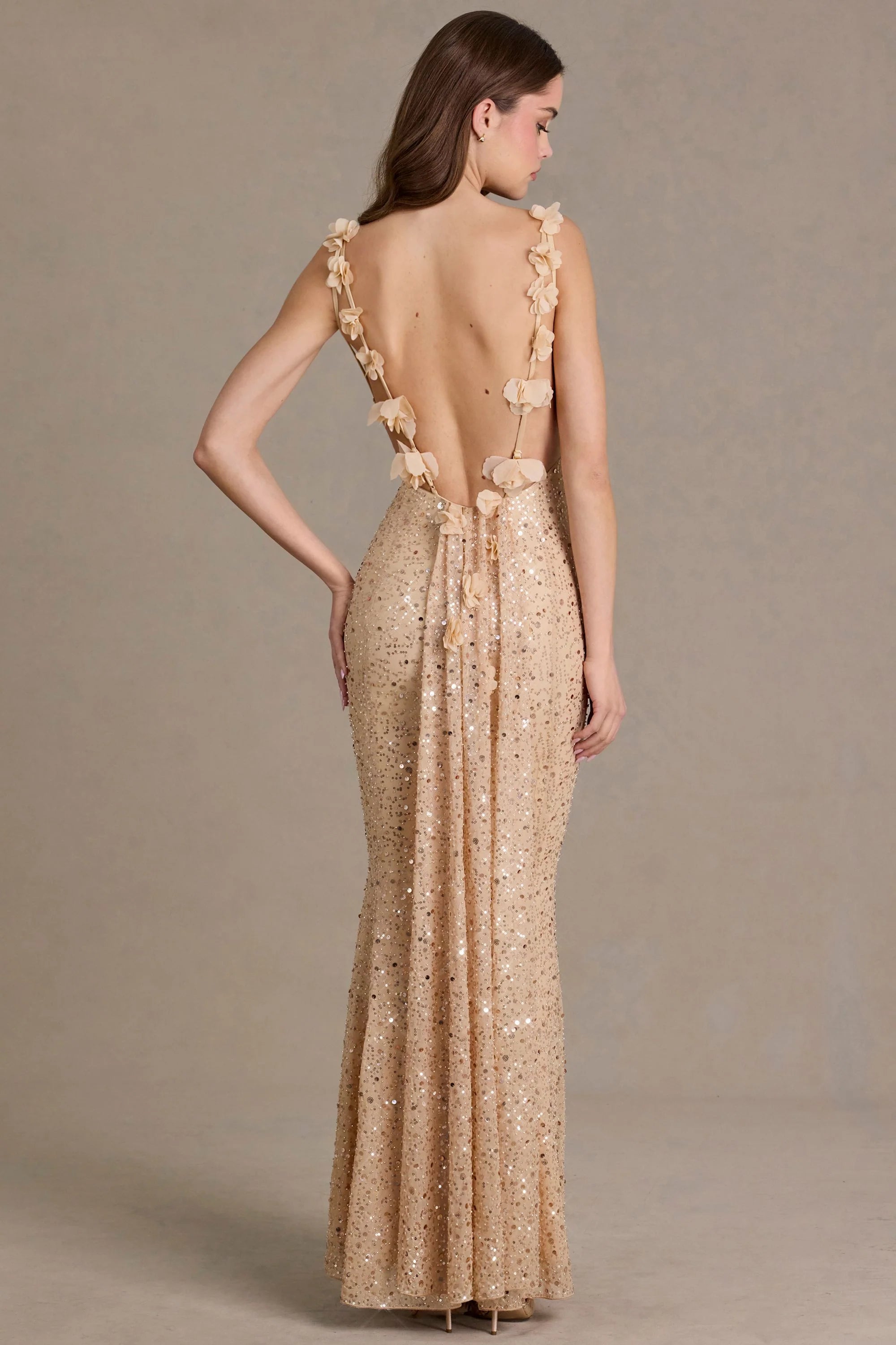 Embellished Open Back Maxi Dress in Gold
