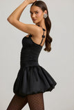 Bow Detail Ruched Bubble Hem Mini Dress in Black