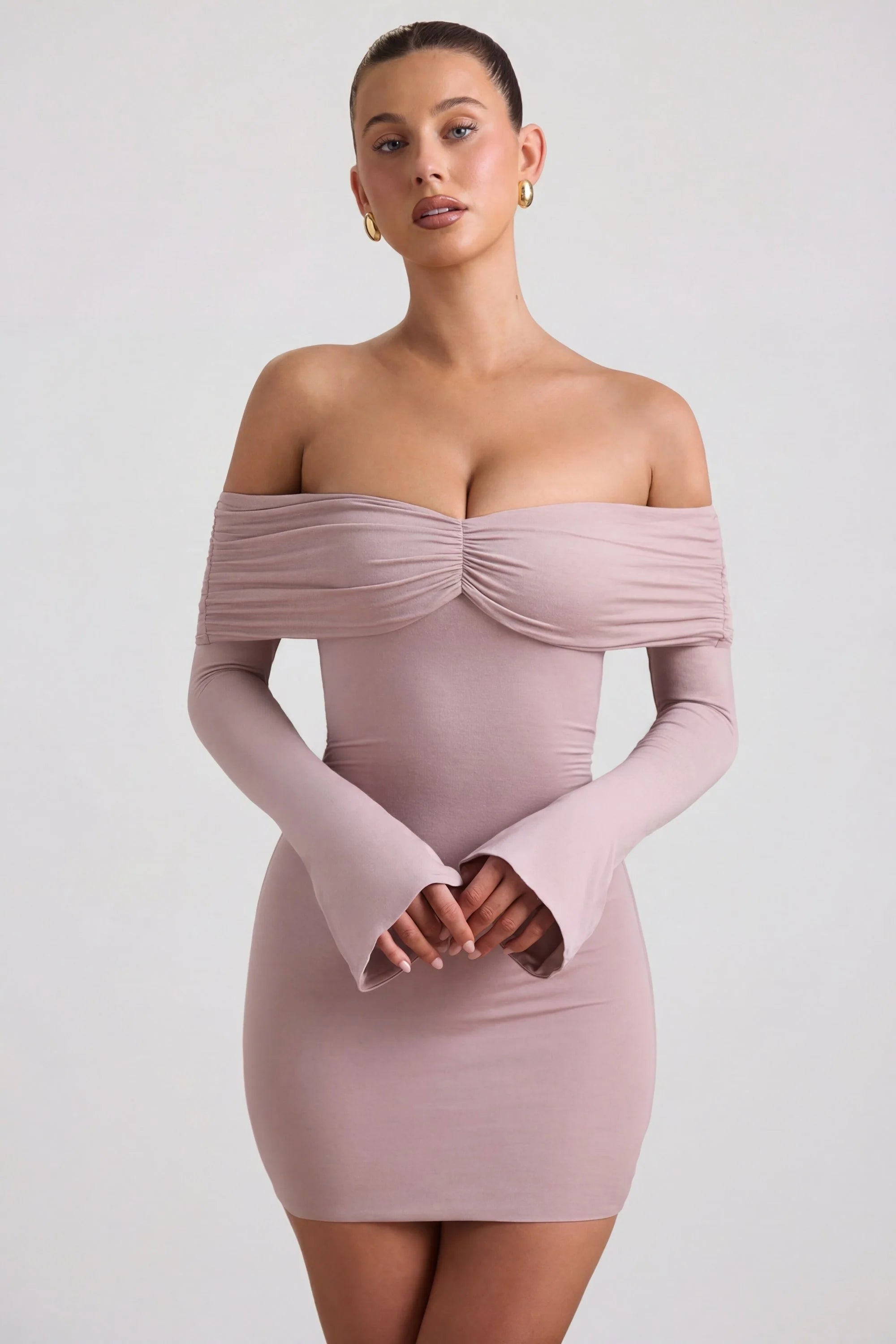 Modal Cashmere Blend Off Shoulder Ruched Mini Dress in Taupe