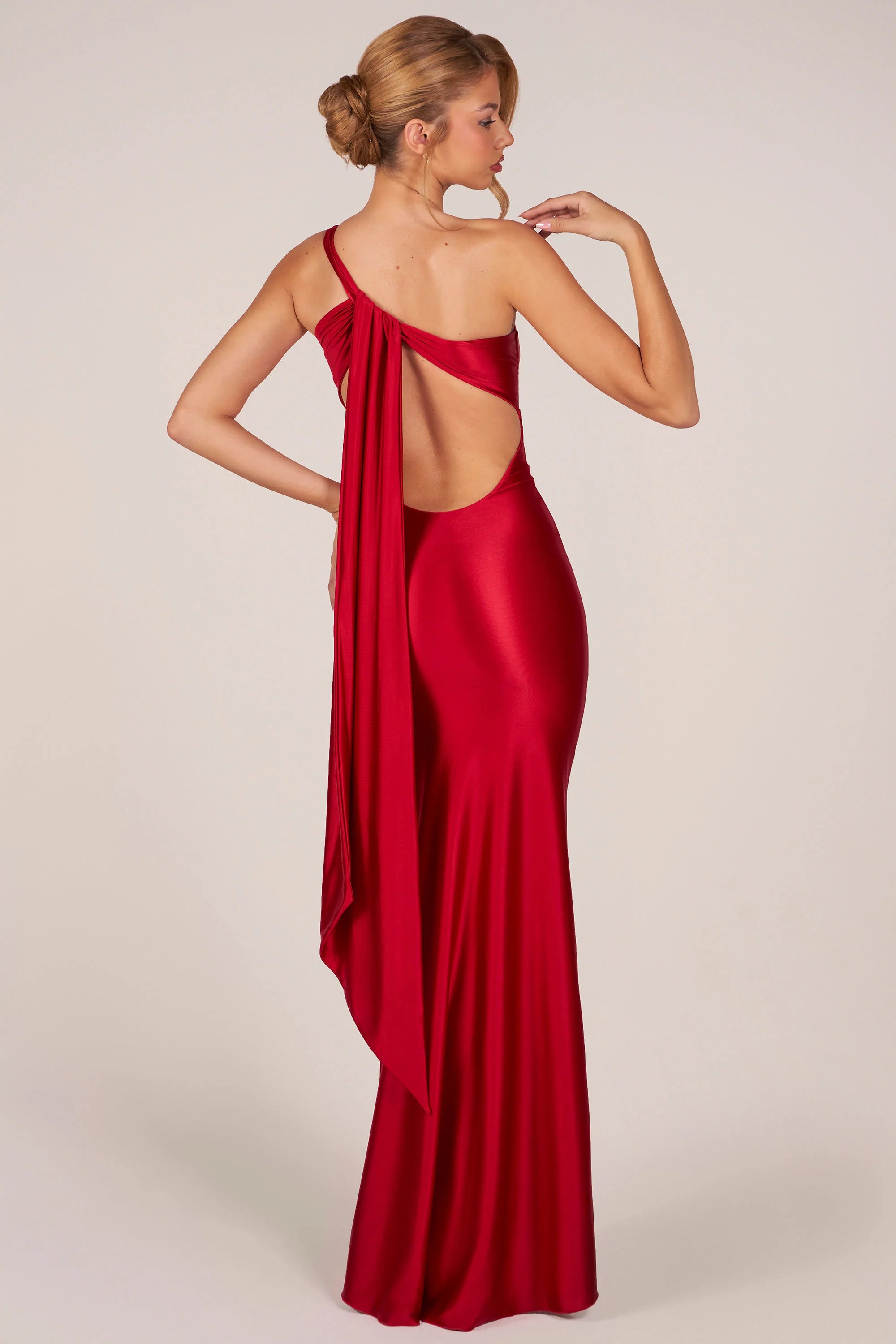 Asymmetric Tie Back Gown in Cherry