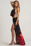 Mid Rise Split Maxi Skirt in Red Blurred Print