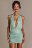 Embellished Open Back Mini Dress in Sage Green