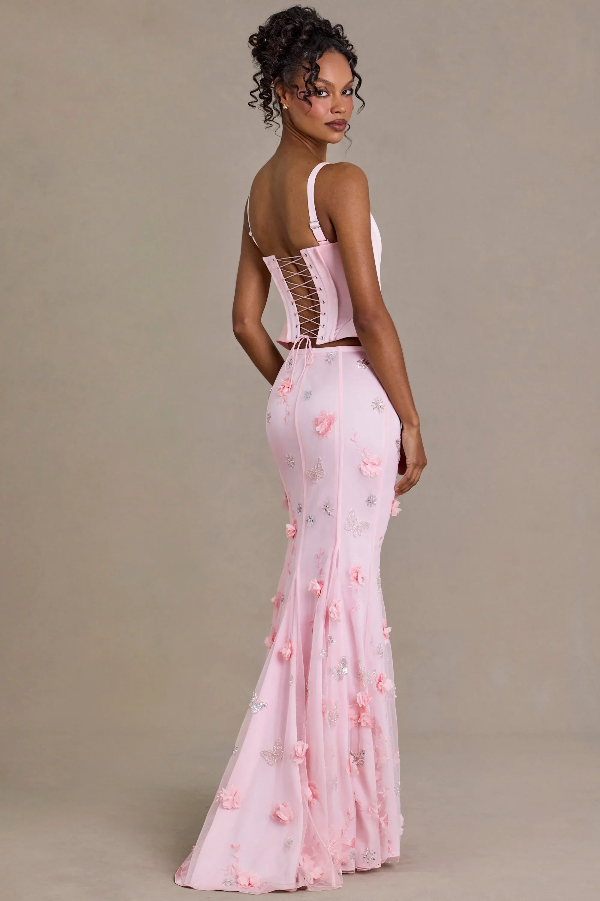 Satin Lace Up Corset Top in Baby Pink