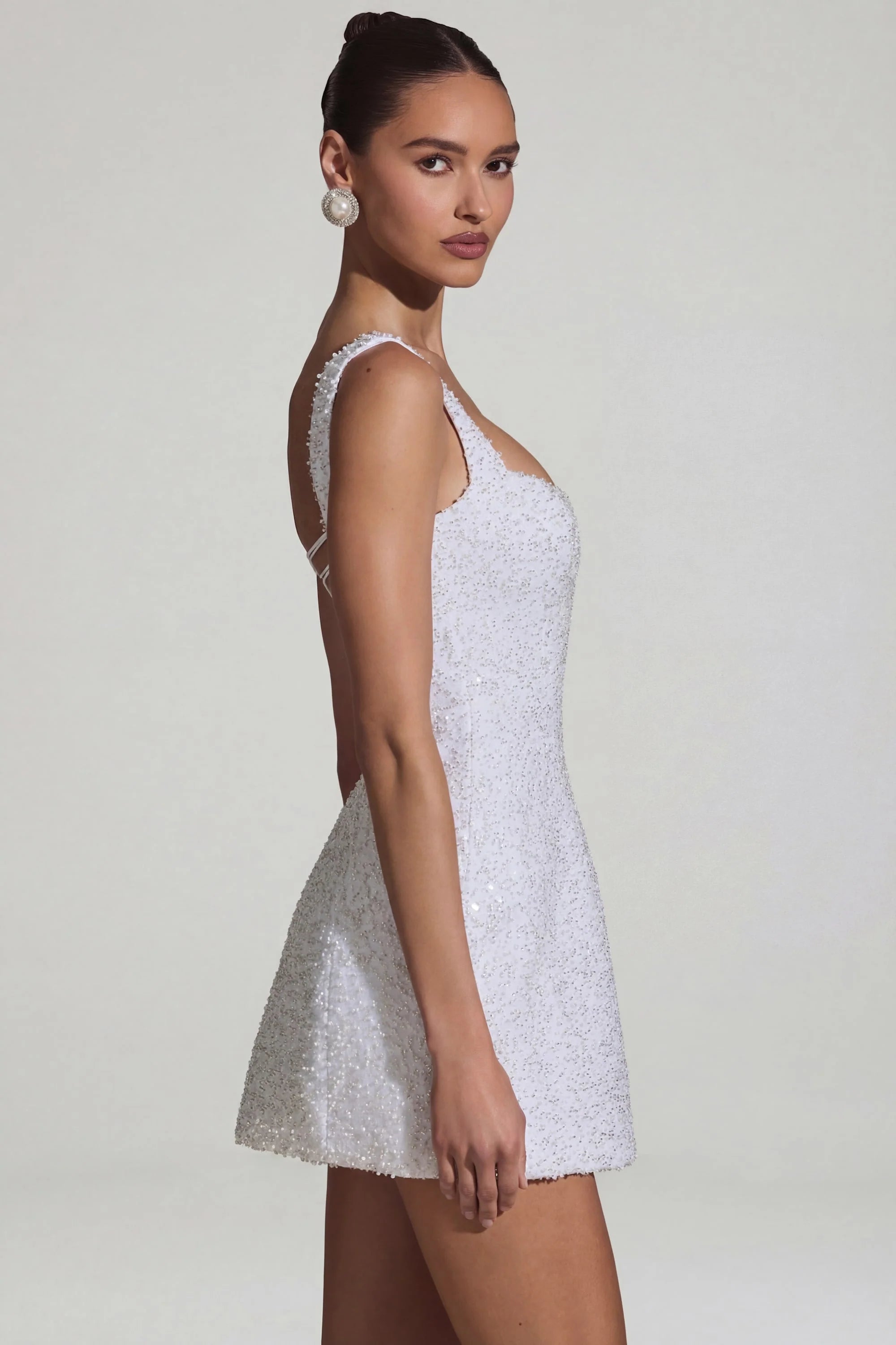 Embellished Structured A Line Mini Dress in White