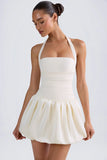 Halterneck Lace Up Bubble Hem Corset Micro Mini Dress in Ivory