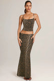 Modal Mid Rise Fishtail Maxi Skirt in Leopard Print