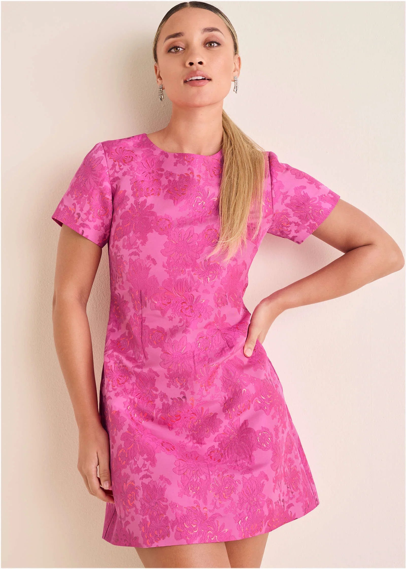 Jacquard A Line Mini Dress Pink Metallic