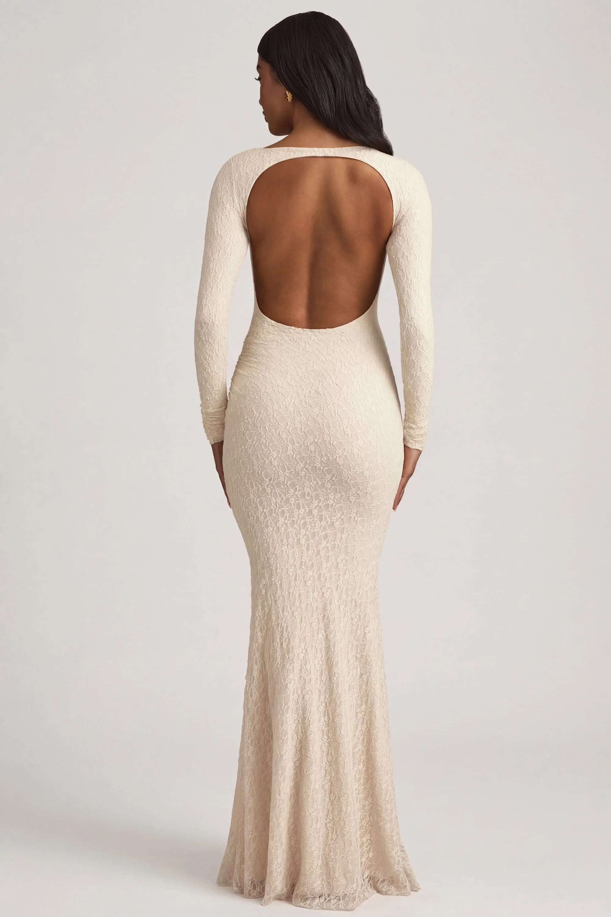 Ruched Backless Lace Maxi Dress in Ivory