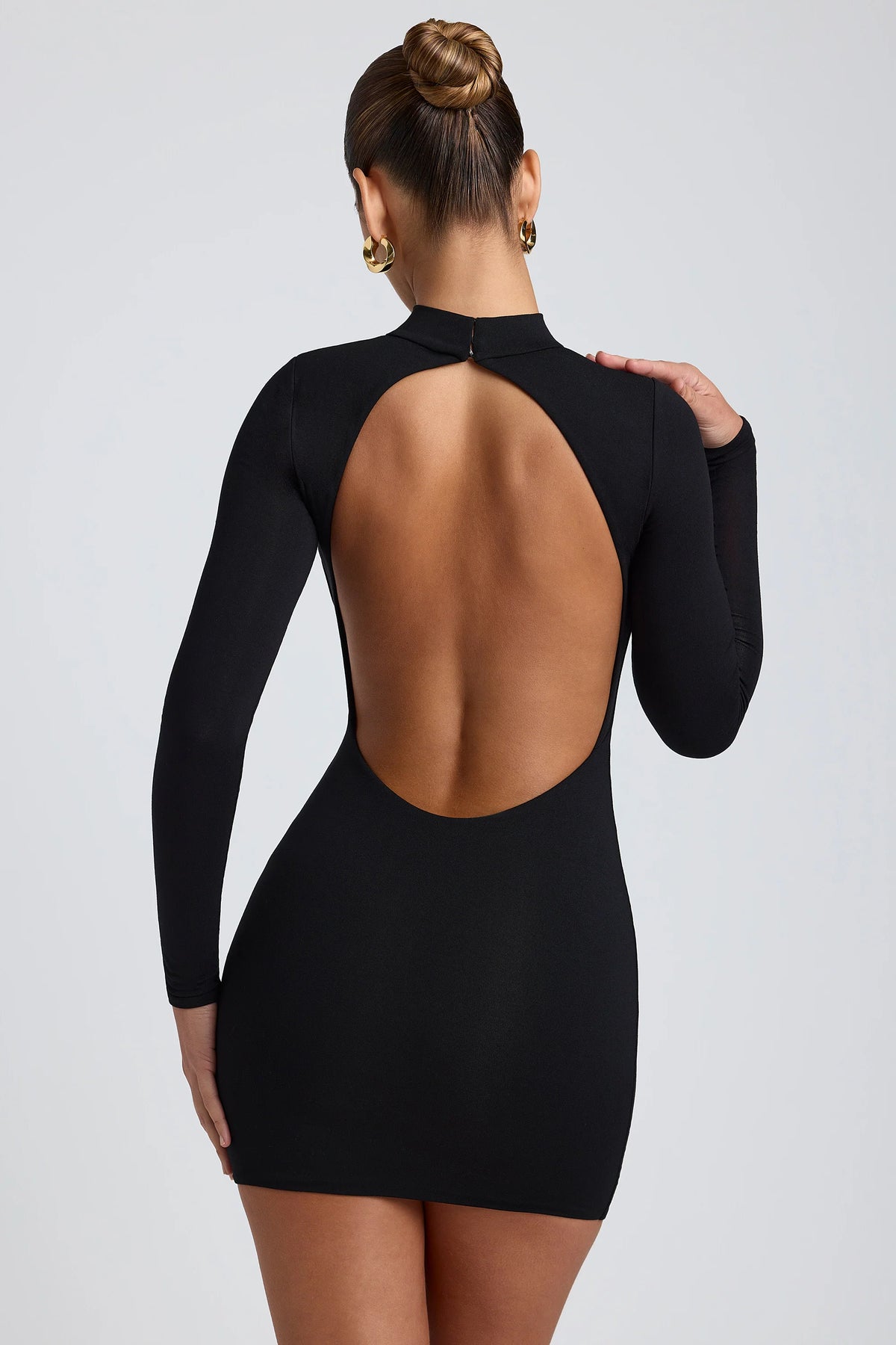 Modal Open Back Long Sleeve Mini Dress in Black