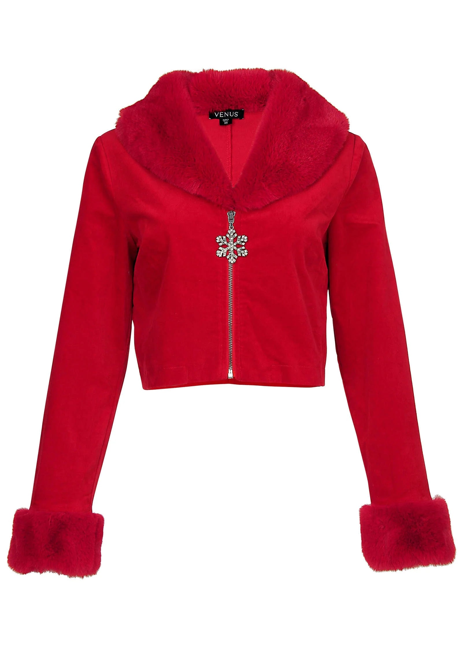 Faux Fur Trim Velvet Coat Haute Red