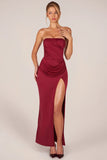 Bandeau Draped Thigh High Maxi Dress in Wine