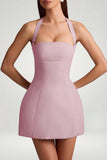 Pinstripe Halterneck Structured A Line Mini Dress in Mauve