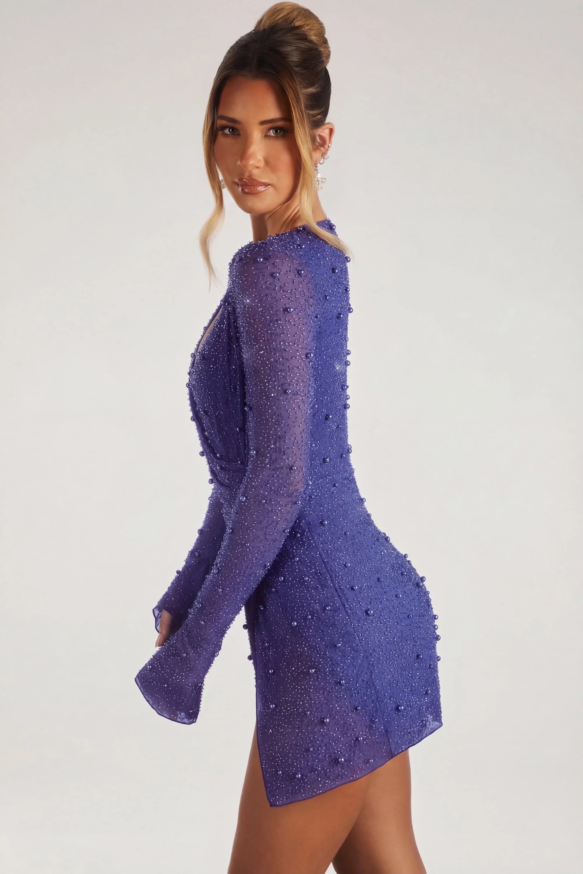 Embellished Wrap Over A Line Mini Dress in Dark Blue